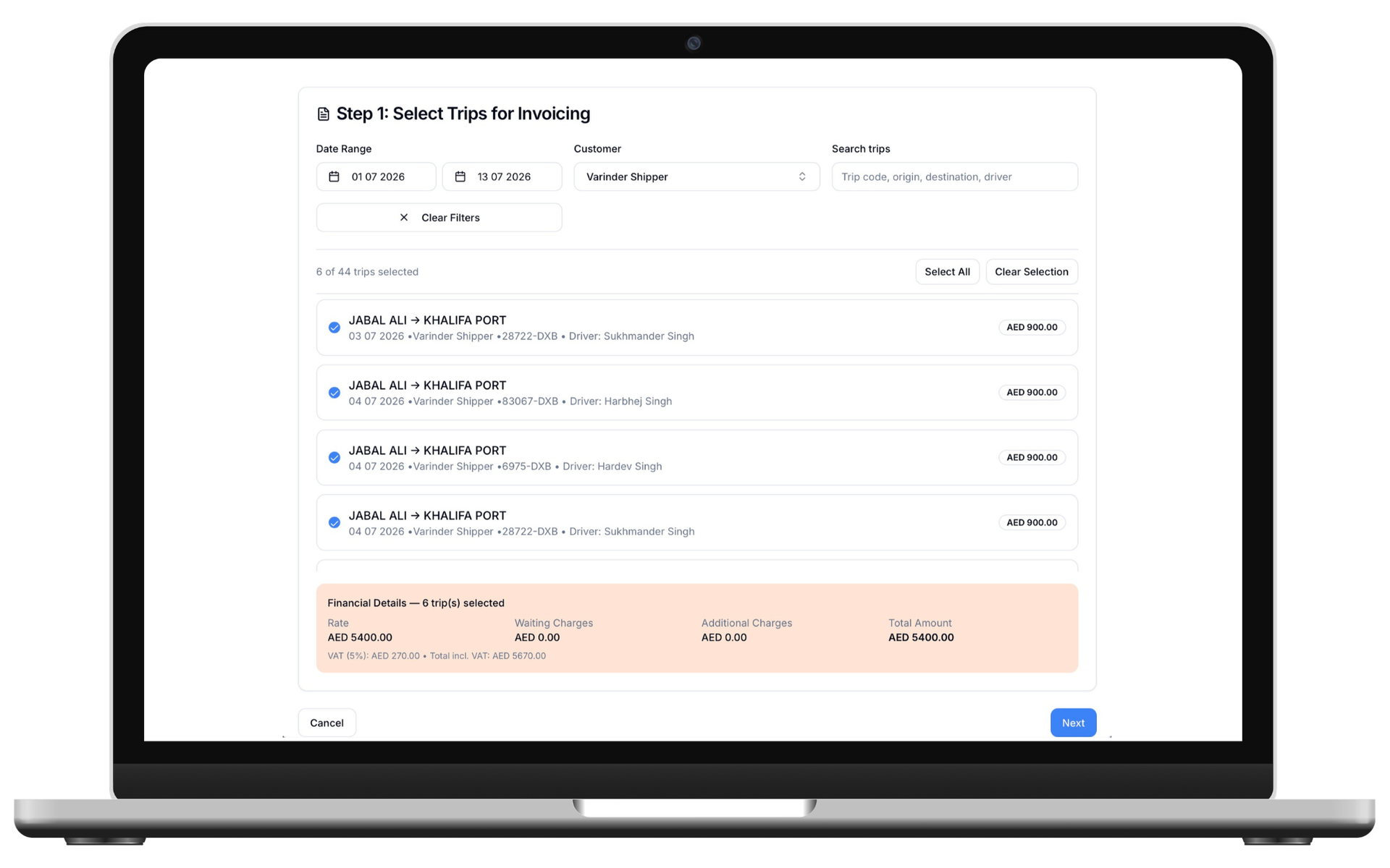 Step 1 — Select trips for invoicing